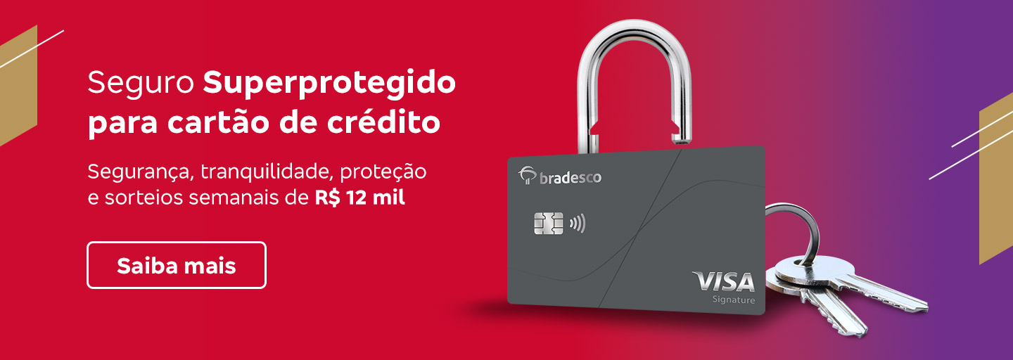 #BradescoAcessivel #ParaTodoMundoVer: Texto: Seguro Superprotegido para cartão de crédito. Segurança, tranquilidade, proteção e sorteios semanais de 12 mil reais. Saiba mais. 
              Imagem: Fundo nas cores vermelha e roxa, detalhes dourados. Texto na esquerda. No lado direito temos um cartão Bradesco Visa Signature, um cadeado e duas chaves.