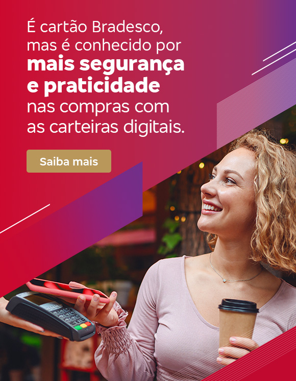 #BradescoAcessível #PraTodoMundoVer Texto: É cartão Bradesco, mas é conhecido por mais segurança e praticidade nas compras com as carteiras digitais. Botão: Saiba mais.Imagem: A imagem é dividida em duas partes. À esquerda, o fundo é em degradê vermelho e roxo com linhas diagonais brancas nas laterais. Deste lado está também o texto. À direita, tem a foto de uma mulher realizando um pagamento com o celular, aproximando-o da maquininha.